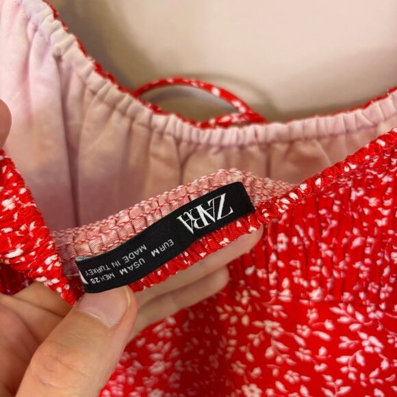 Zara Red with White Floral Print Midi Dress with Slit Side Size Medium - Picture 7 of 9